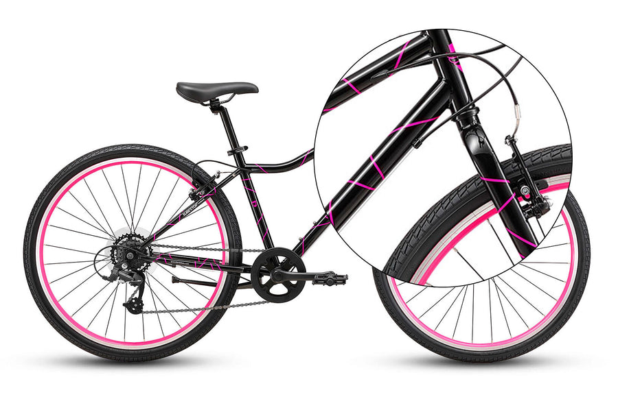 A Guardian 26 Inch Black Pink bike with a close up of the wireframe style design